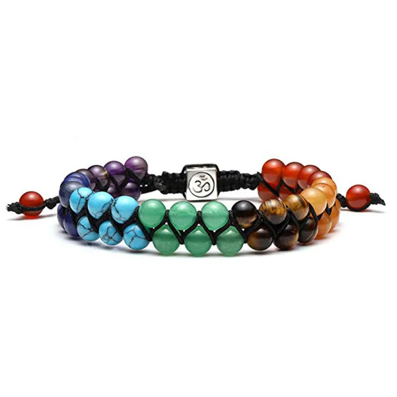 Pulseira Dupla Camada 7 Chakras Unissex - Joia de Yoga Indiana Vintage com Pedras de Lava e Cristais de Cura - Reiki - Pedras Naturais
