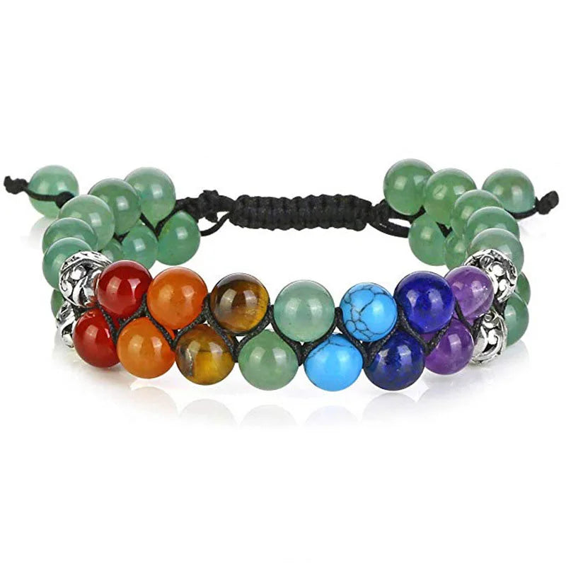 Pulseira Dupla Camada 7 Chakras Unissex - Joia de Yoga Indiana Vintage com Pedras de Lava e Cristais de Cura - Reiki - Pedras Naturais