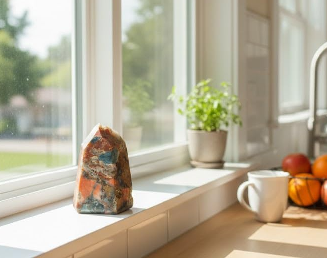 Jaspe Policromo Natural em ponta geradora lapidada, peça única para decoração, coleção de minerais e ambientes zen.