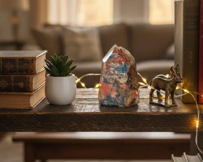 Jaspe Policromo Natural lapidado em pedra ornamental para decoração, Reiki, Feng Shui e espaços de contemplação.