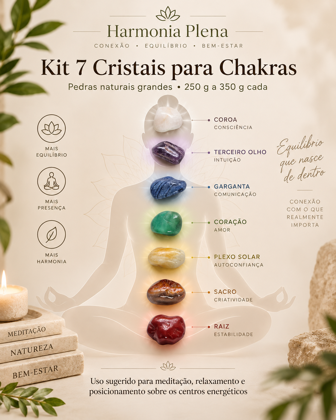 Kit 7 Cristais para Chakras da Harmonia Plena, com ilustração de figura em posição de meditação e sete pedras naturais posicionadas conforme as cores dos chakras.
