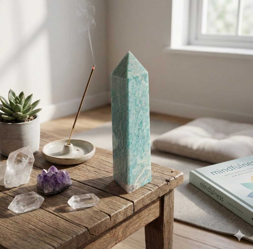 Obelisco de Amazonita Natural 16 cm – Pedra Verde para Decoração, Harmonização e Energia – Lapidação em 4 Lados, Peso Aproximado – Ideal para Sala, Escritório e Coleção -Harmonia Plena 