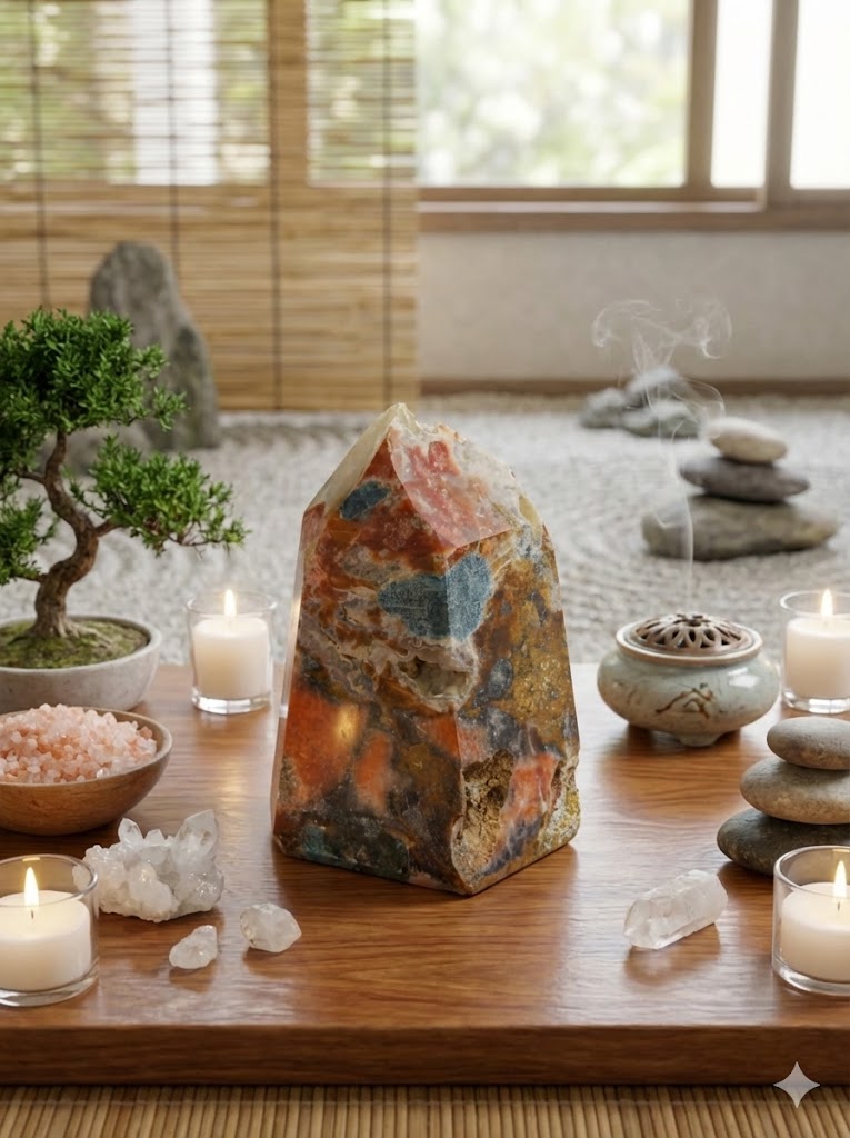 Obelisco de Jaspe Polícromo Natural – 13 cm – Peça Única 840 g – Pedra Decorativa Multicolorida para Casa, Escritório e Coleção - Harmonia Plena