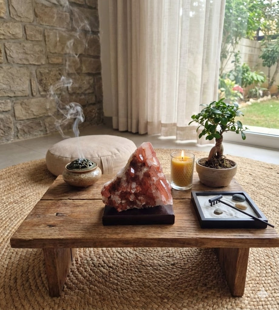 Peça de Quartzo Hematoide Natural com Base de Madeira – Cristal Vermelho (Quartzo Tangerina) para Decoração e Energia – Excelente para Coleções - 11×12×7 cm - Harmonia Plena