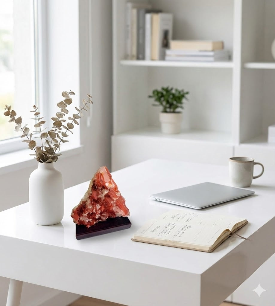 Peça de Quartzo Hematoide Natural com Base de Madeira – Cristal Vermelho (Quartzo Tangerina) para Decoração e Energia – Excelente para Coleções - 11×12×7 cm - Harmonia Plena