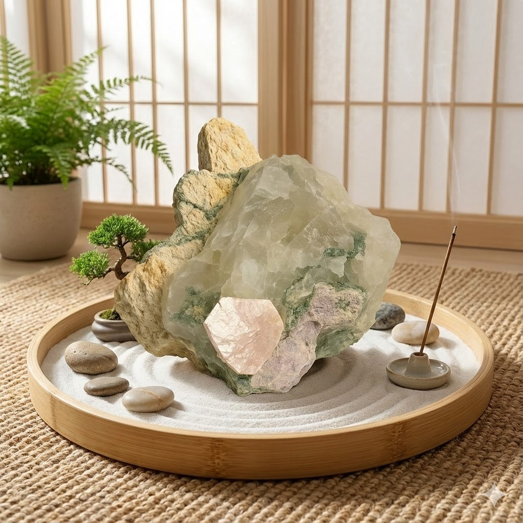 Pedra Natural Quartzo Leitoso com Clorita Verde e Mica Rosa em Matriz – Peça Bruta Colecionável 1,178 kg – Cristal Decorativo e Energia Ambiental - Harmonia Plena