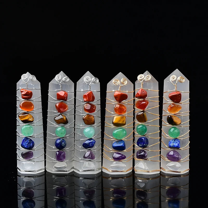 Pedra Natural de Selenita com Cristais dos 7 Chakras Reiki Feng Shui