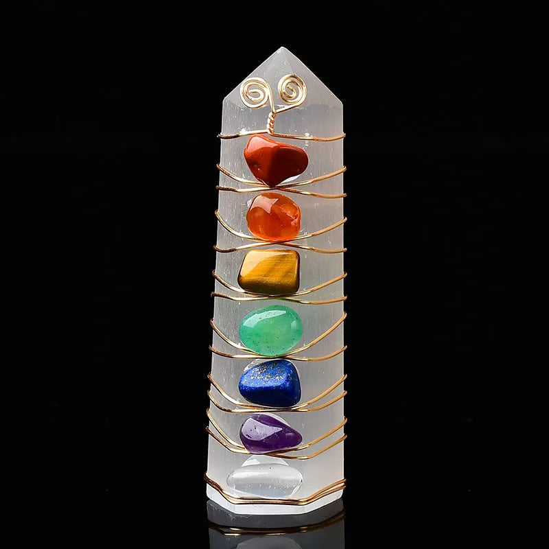 Pedra Natural de Selenita com Cristais dos 7 Chakras Reiki Feng Shui