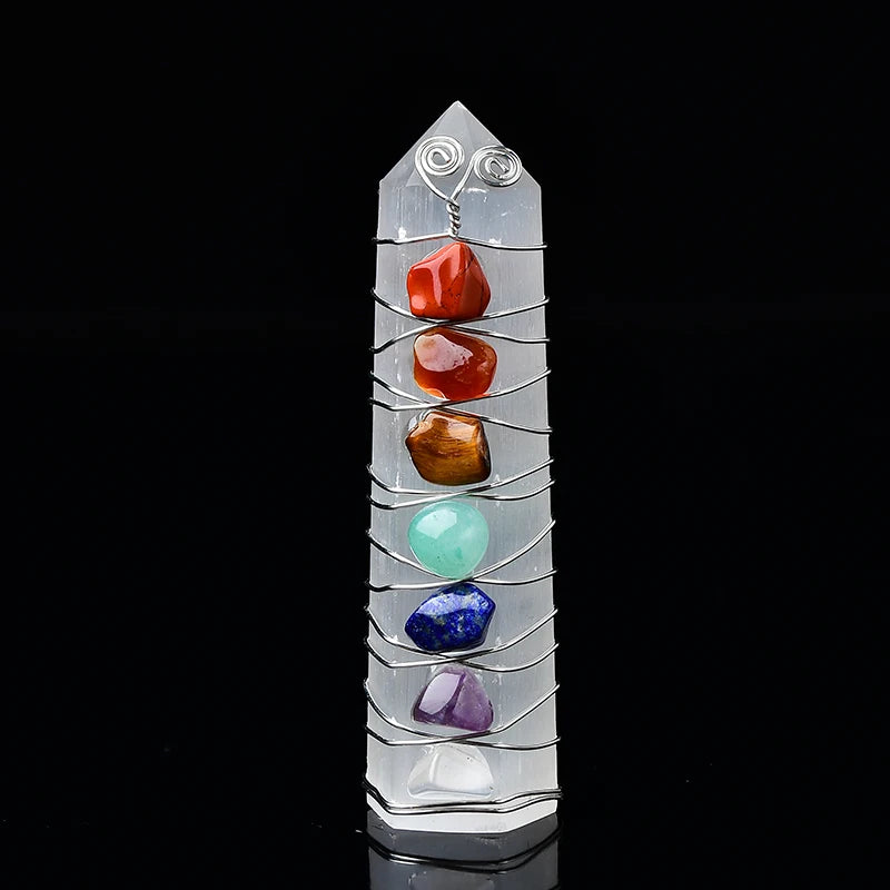 Pedra Natural de Selenita com Cristais dos 7 Chakras Reiki Feng Shui