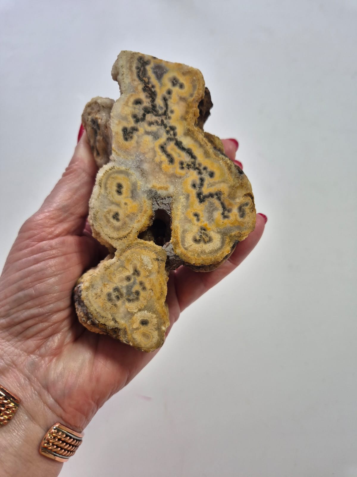  Pedra Natural Ágata Fatia com Suporte de Incenso em Cobre – Peça Única para Decoração, Aromaterapia e Energia – Base Orgânica em Corte Irregular - Harmonia Plena