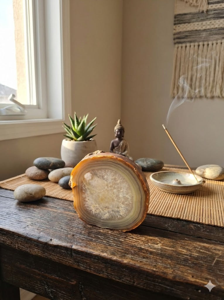 Placa de Ágata Marrom Natural com Cristalização Interna – Energia de Proteção e Equilíbrio -Harmonia Plena