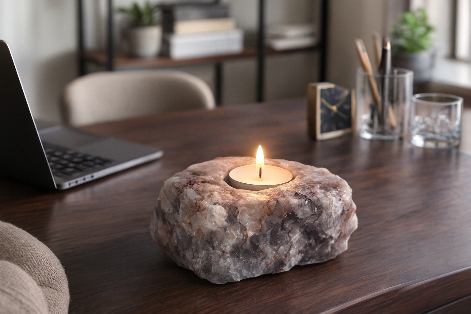 Porta-Velas de Quartzo Hematoide Natural – 850 g | Energia, Proteção e Harmonia | Peça Artesanal Única – Harmonia Plena