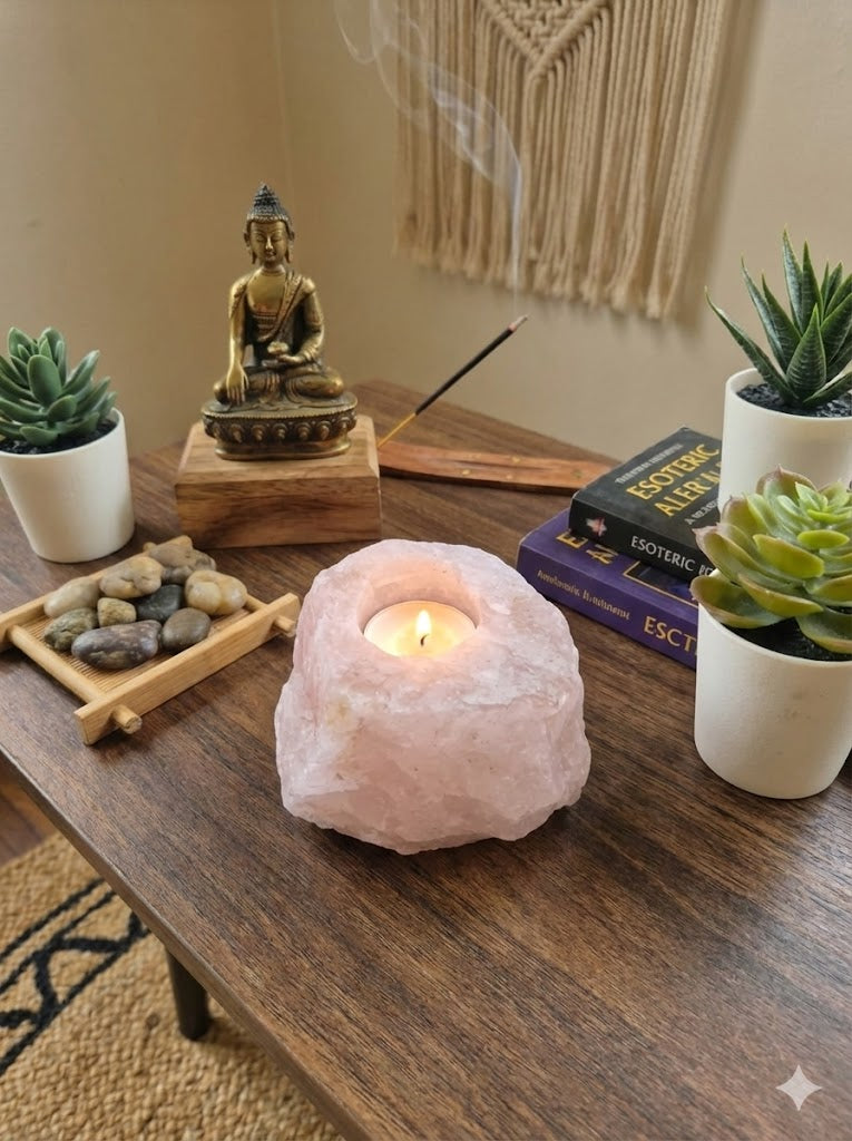 Porta-Velas de Quartzo Rosa Natural – 1.480 kg | Peça Artesanal Única para Decoração, Meditação e Energia do Amor | Doca Express