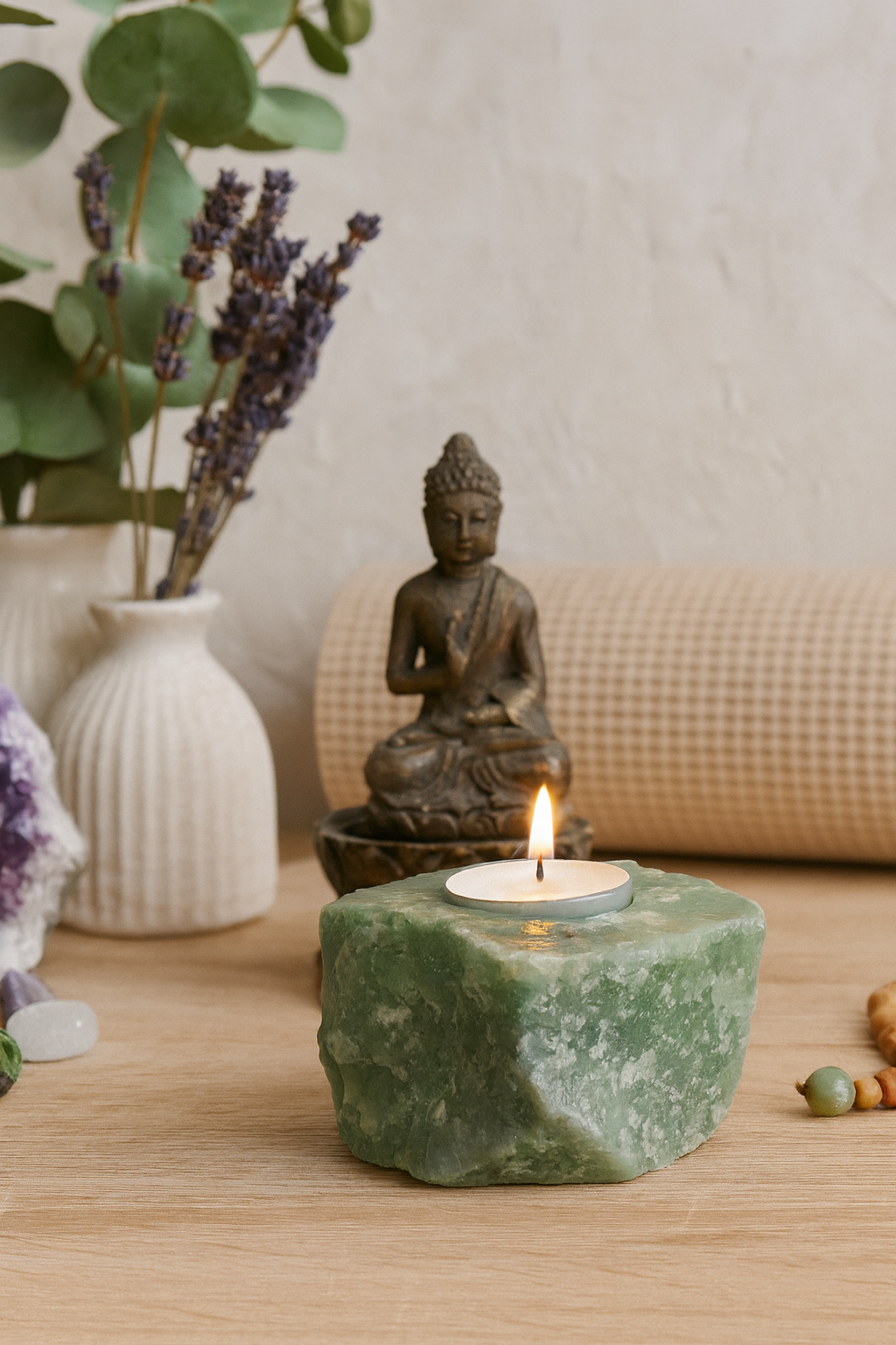 Porta-Velas de Quartzo Verde Natural - 1480 gramas - Peça Artesanal Única para Decoração, Meditação e Energia Positiva - Harmonia Plena 