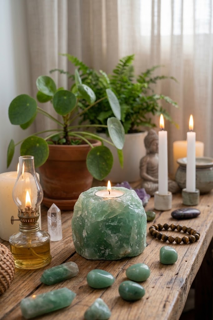 Porta-Velas em Quartzo Verde Natural – Energia e Equilíbrio | Harmonia Plena