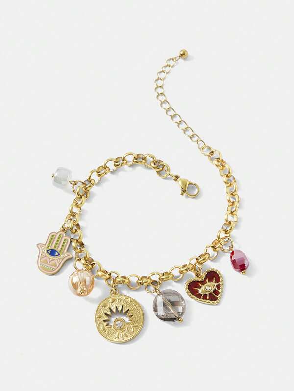 Pulseira Feminina Dourada com Charms Místicos em Aço Inox Banhada a Ouro 18 K - Semi Joia Fashion Premium - Harmonia Plena Acessórios