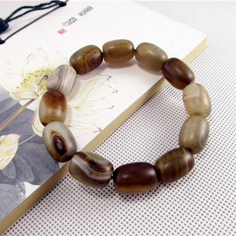 Pulseira Unissex de Sardonyx Natural - Amuleto de Sorte Multicolorido - Ágata Fosca Elíptica - Moda e Qualidade - Semi Joias - Reiki - Feng Shui - Pedras Naturais