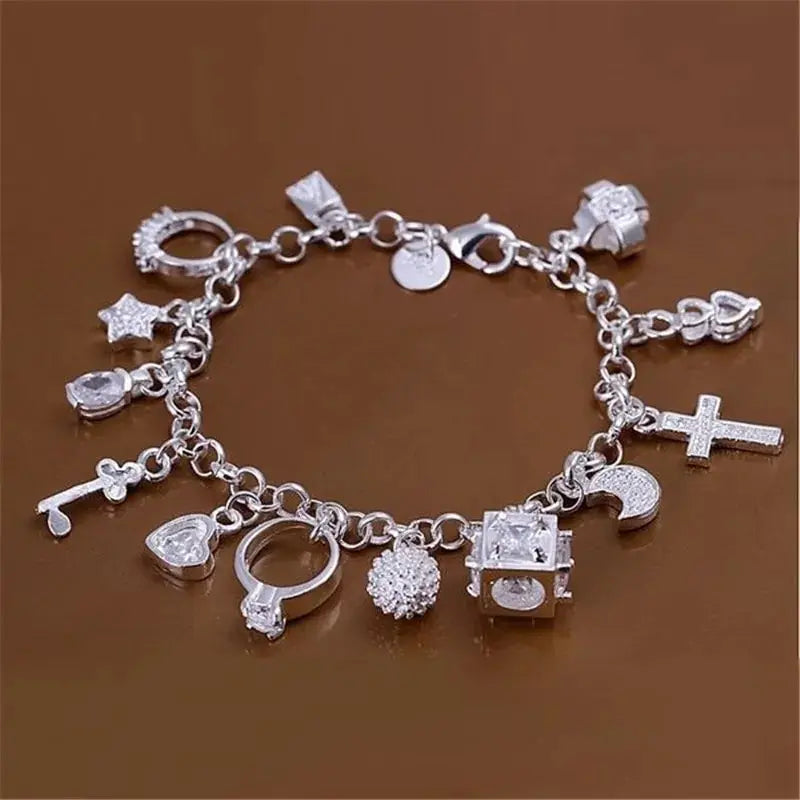 Pulseira de Prata Feminina com 13 Pingentes Propiciadores - Semi Joias 