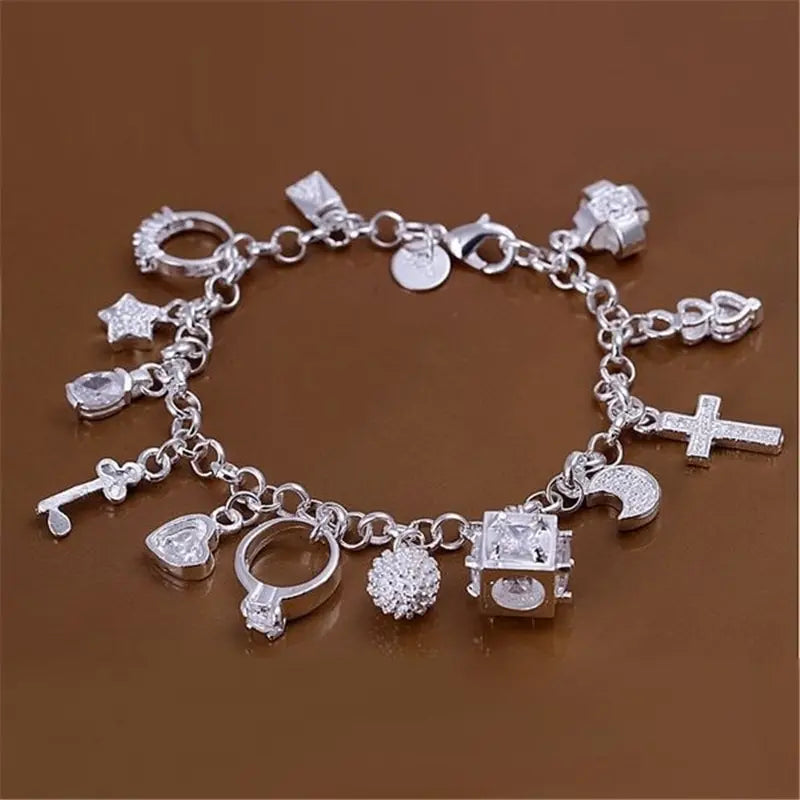 Pulseira de Prata Feminina com 13 Pingentes Propiciadores - Semi Joias 