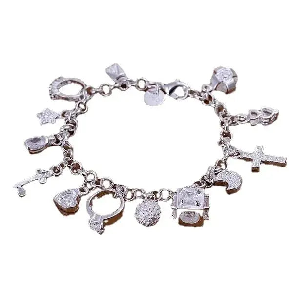 Pulseira de Prata Feminina com 13 Pingentes Propiciadores - Semi Joias 