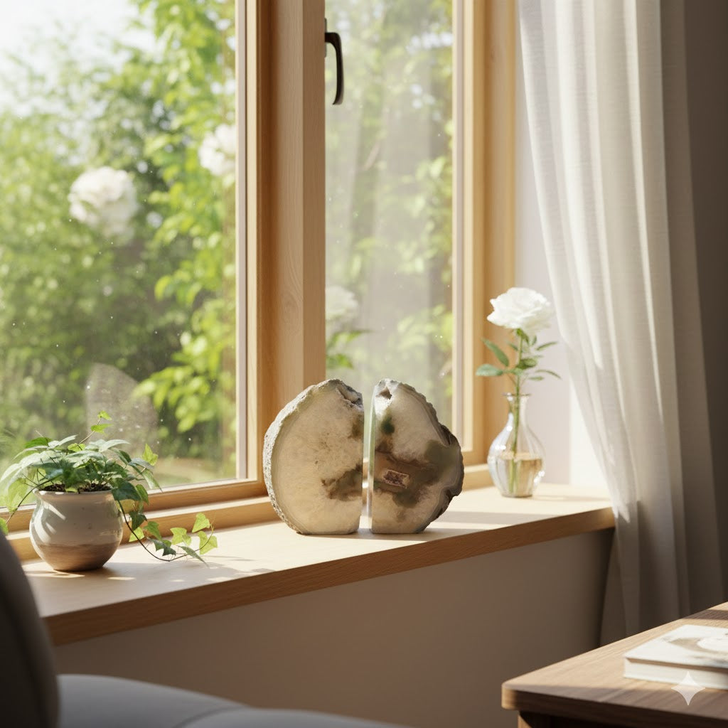 Separador de Livros em Ágata Natural Esverdeada – Par de Bookends em Pedra Natural Polida, Geodo Autêntico para Decoração de Escritório, Sala e Estante – Peça Única -Doca Express