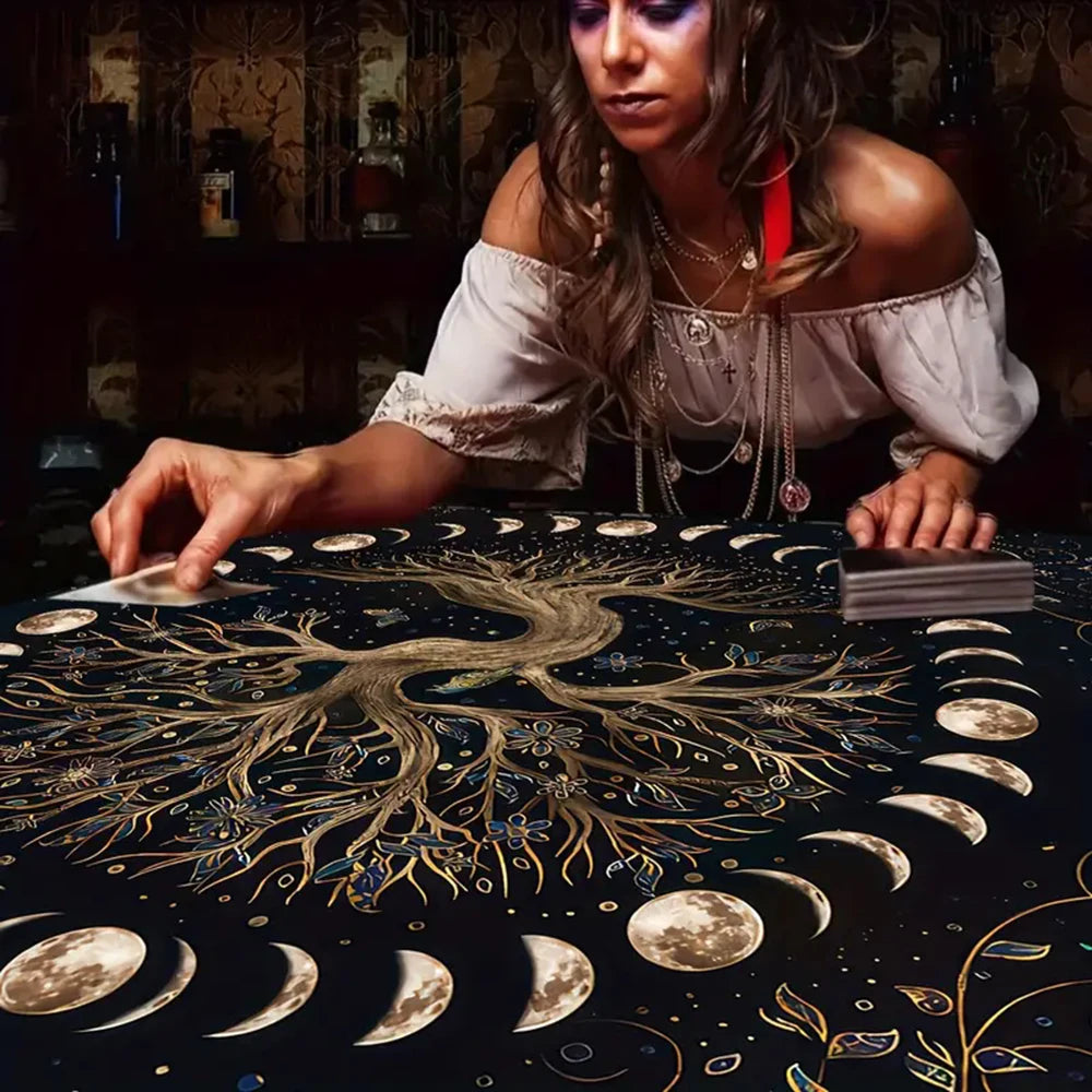 Toalha de Mesa Mística com Árvore da Vida e Fases da Lua - Decoração de Altar, Jogos de Mesa - Tarot - Cristais - Baralho