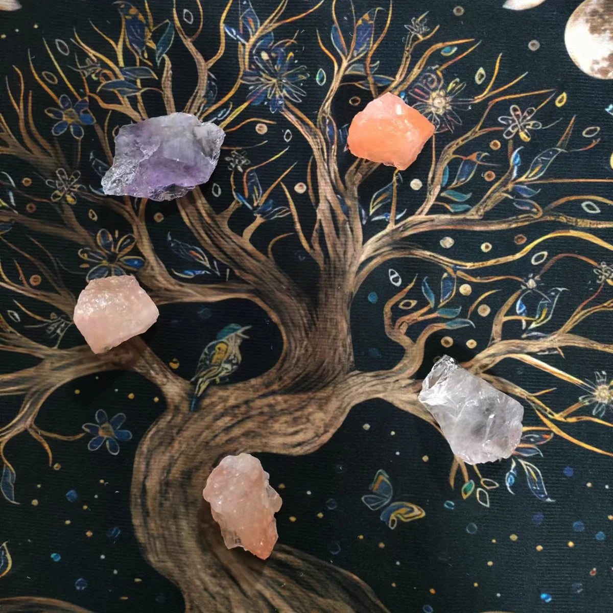 Toalha de Mesa Mística com Árvore da Vida e Fases da Lua - Decoração de Altar, Jogos de Mesa - Tarot - Cristais - Baralho