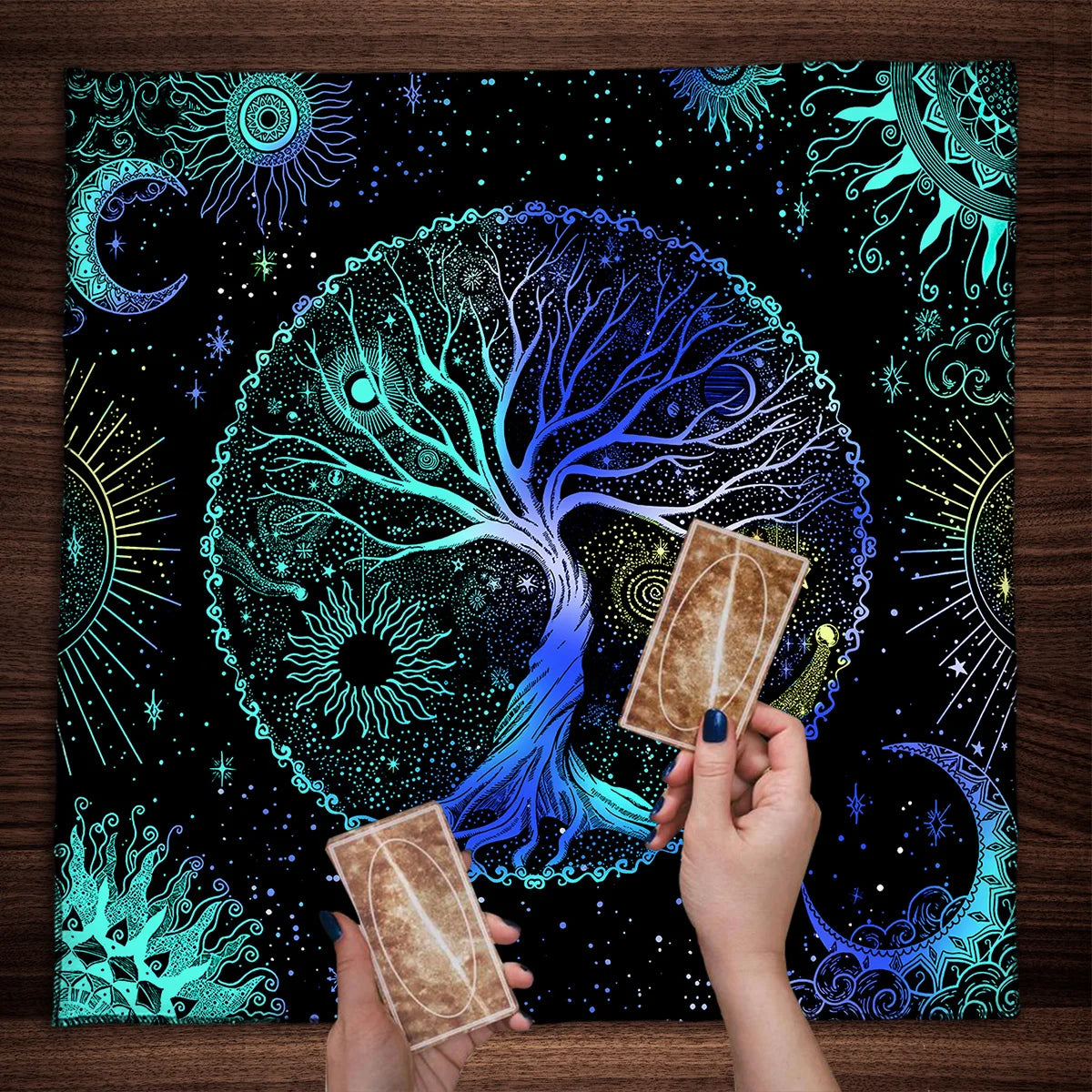 Toalha de Mesa Mística com Árvore da Vida e Fases da Lua - Decoração de Altar, Jogos de Mesa - Tarot - Cristais - Baralho
