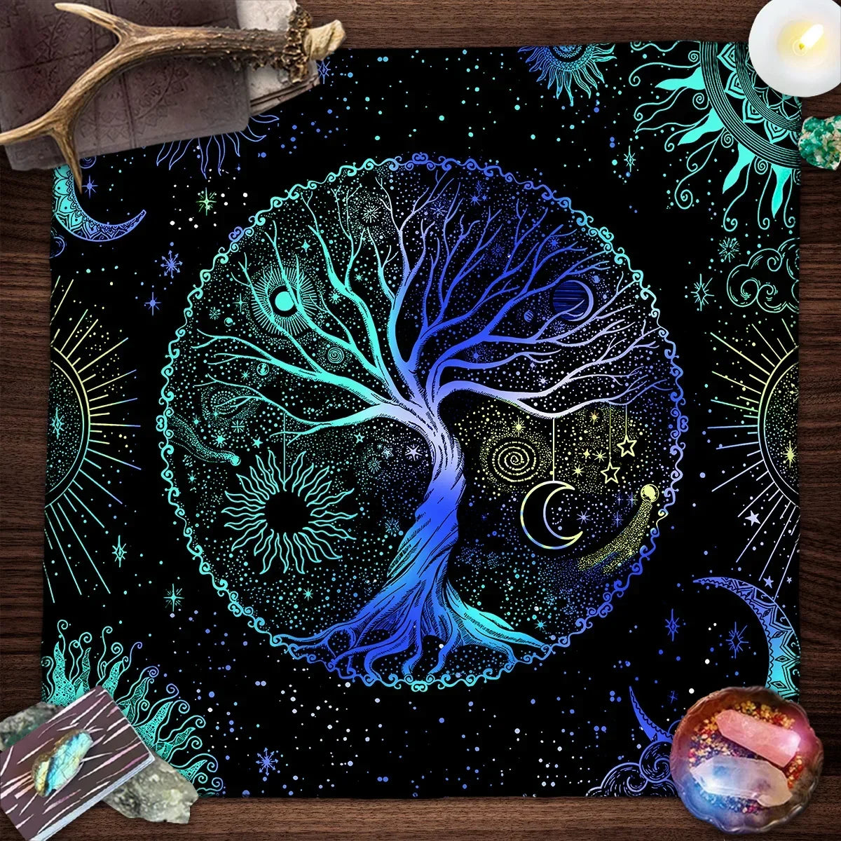Toalha de Mesa Mística com Árvore da Vida e Fases da Lua - Decoração de Altar, Jogos de Mesa - Tarot - Cristais - Baralho
