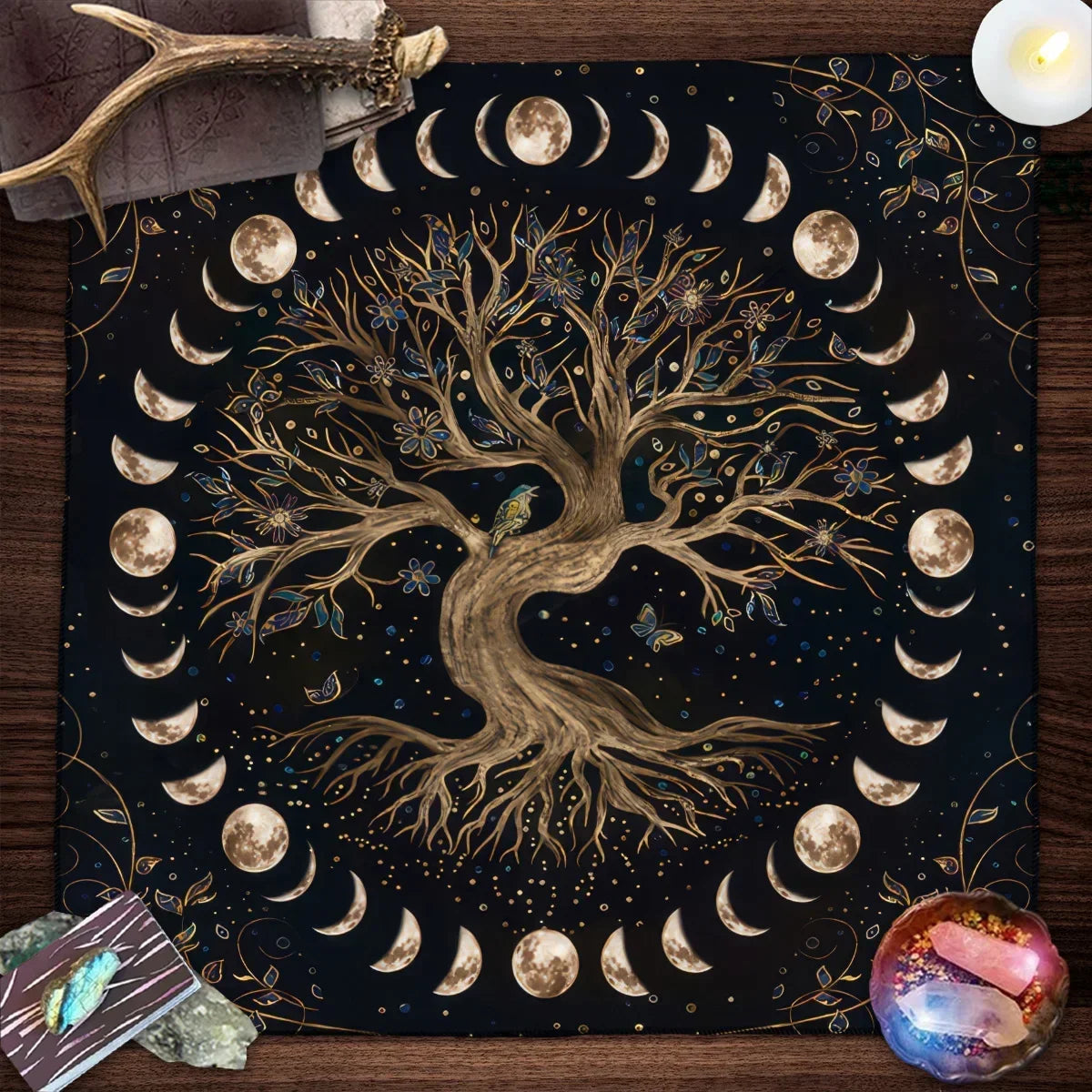 Toalha de Mesa Mística com Árvore da Vida e Fases da Lua - Decoração de Altar, Jogos de Mesa - Tarot - Cristais - Baralho