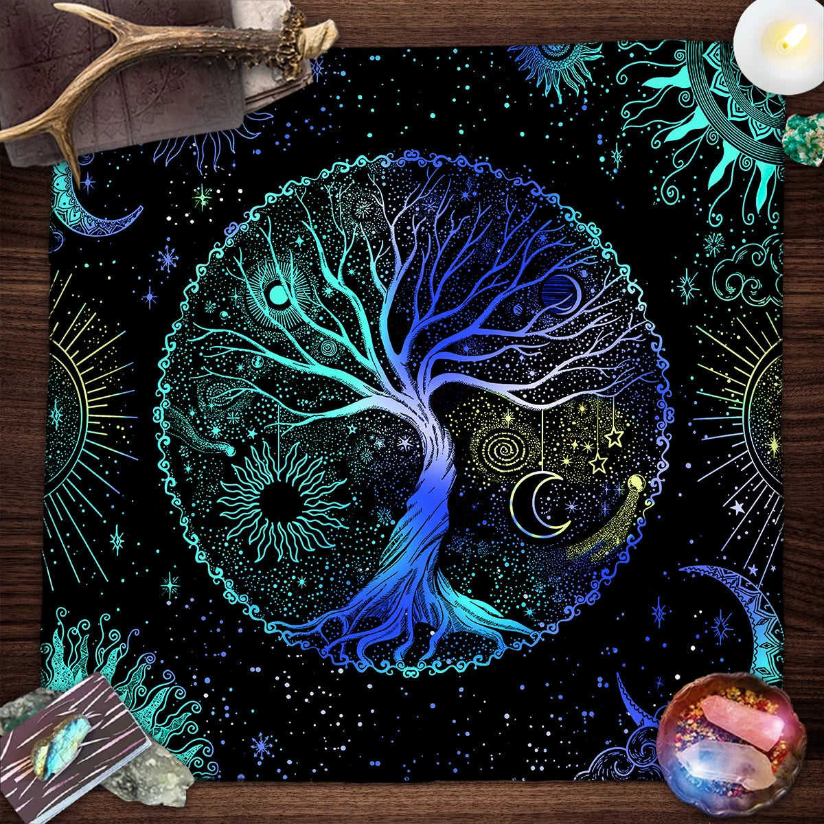 Toalha de Mesa Mística com Árvore da Vida e Fases da Lua - Decoração de Altar, Jogos de Mesa - Tarot - Cristais - Baralho