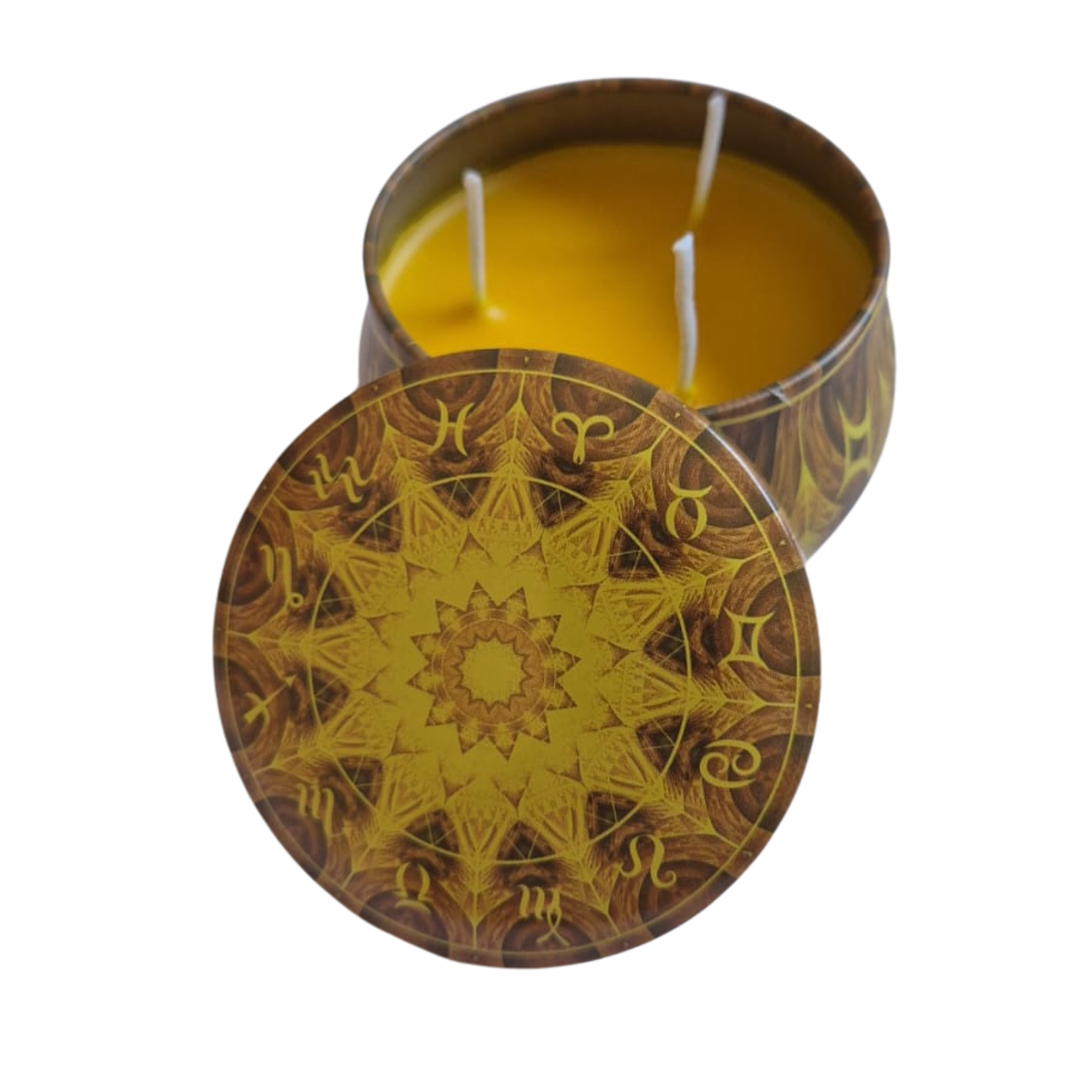 Vela Aromática Amarela com 3 Pavios em Pote Decorativo – Cera Vegana de Coco, Arroz e Palma – Energia de Cura e Ativação Espiritual – Mandala Astrológica – 140g