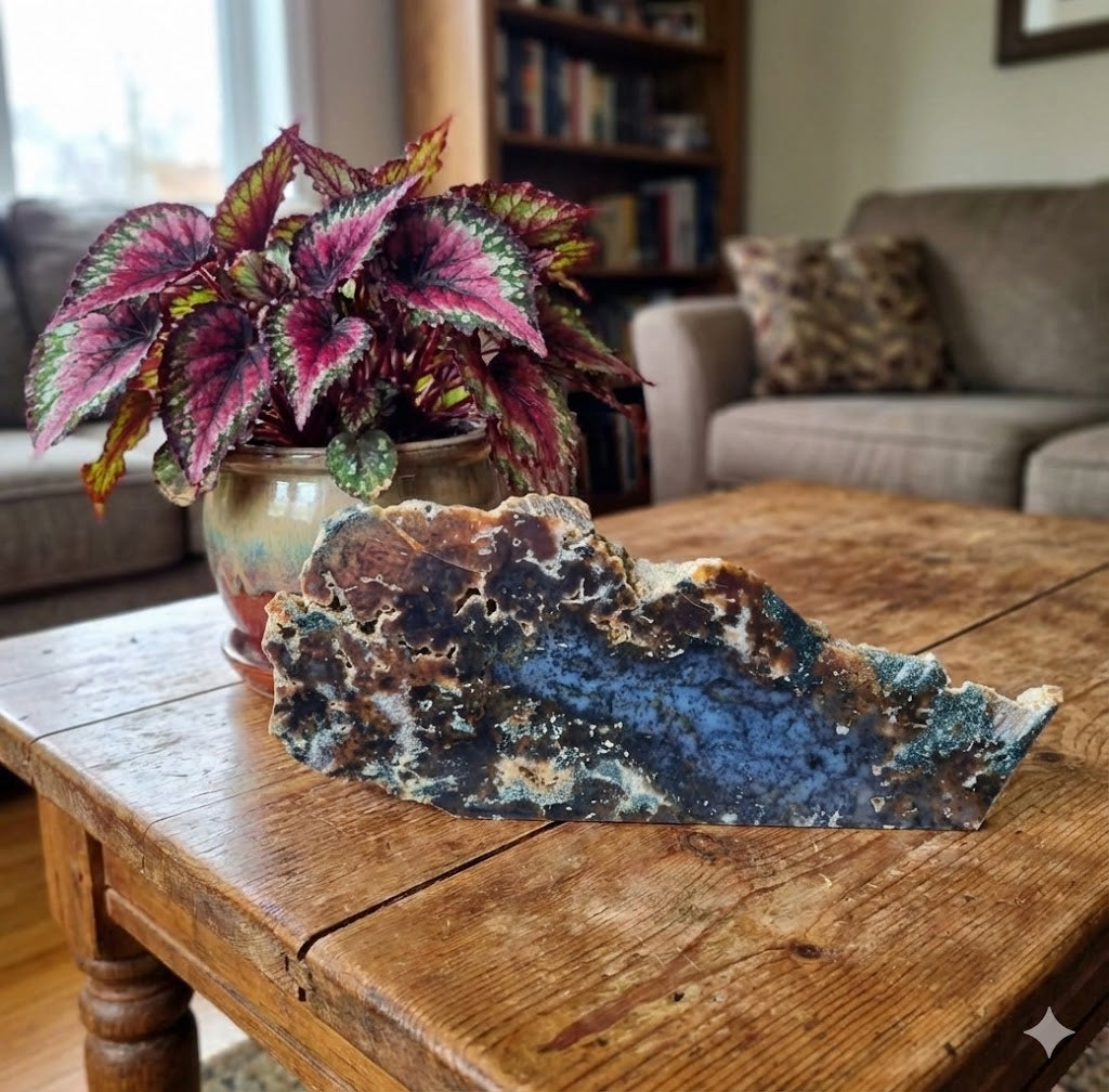 Ágata Musgo Natural – Fatia Bruta Polida Grande | Peça de 1,4 kg | Decoração Mineral, Mesa, Escritório e Espaços Zen | Pedra Autêntica para Energização e Harmonização - Harmonia Plena