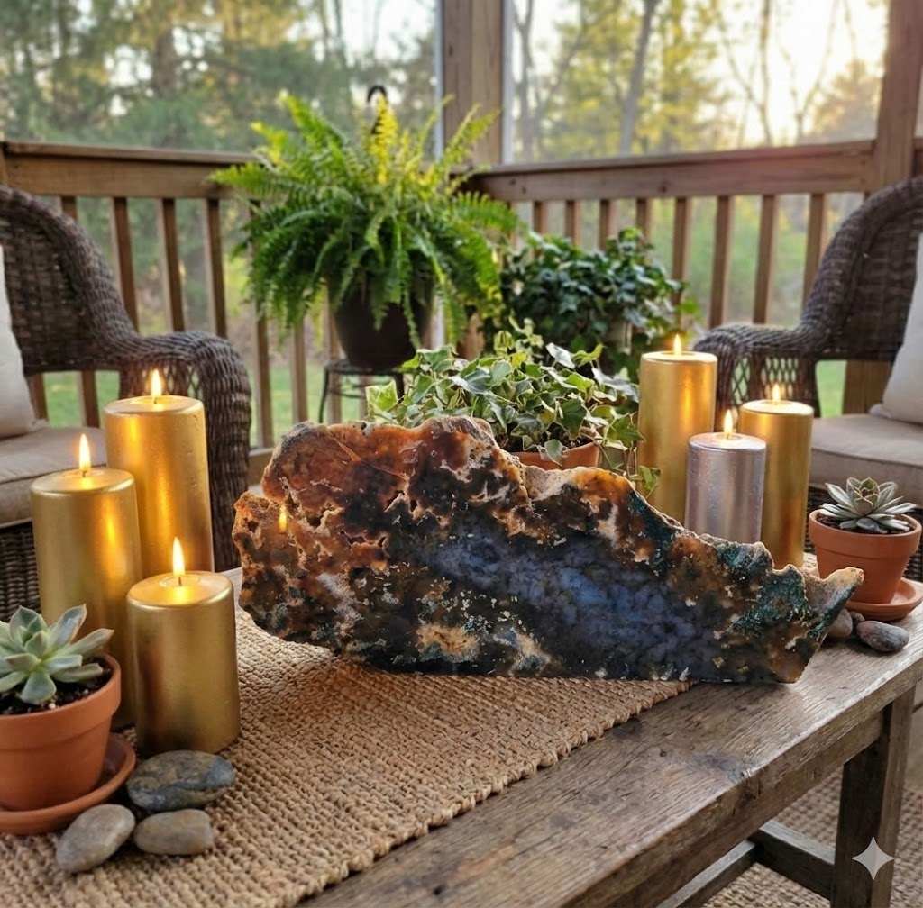 Ágata Musgo Natural – Fatia Bruta Polida Grande | Peça de 1,4 kg | Decoração Mineral, Mesa, Escritório e Espaços Zen | Pedra Autêntica para Energização e Harmonização - Harmonia Plena