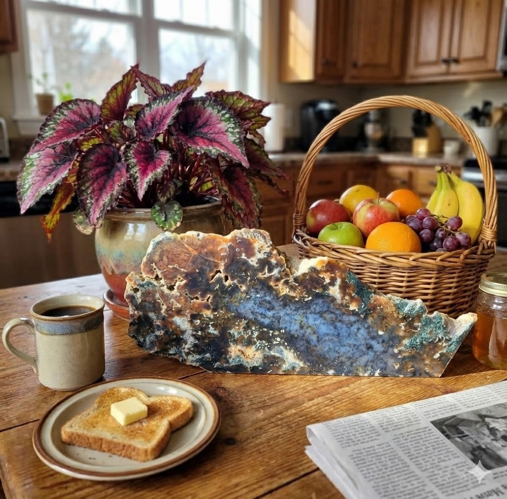 Ágata Musgo Natural – Fatia Bruta Polida Grande | Peça de 1,4 kg | Decoração Mineral, Mesa, Escritório e Espaços Zen | Pedra Autêntica para Energização e Harmonização - Harmonia Plena