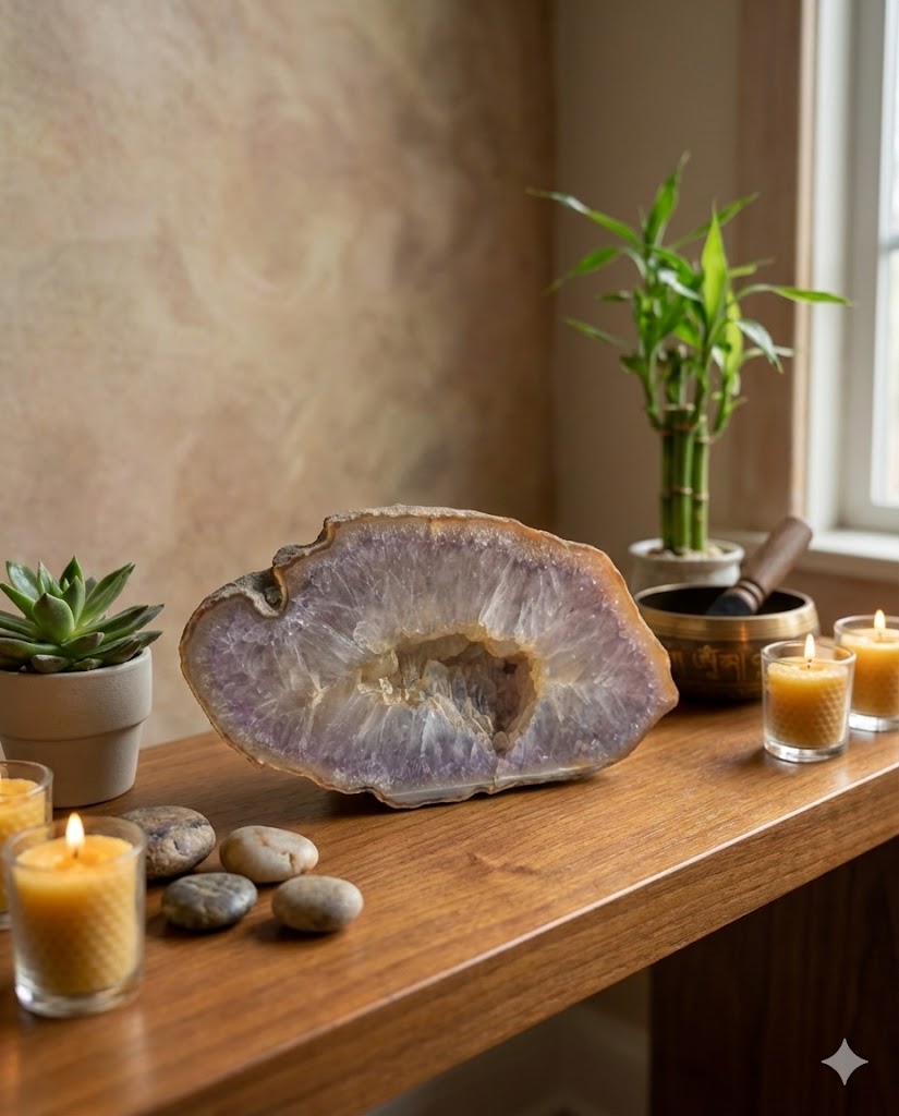 Geodo de Ágata Roxa Natural – Peça Única de 884 g | Cristal com Núcleo Geodado para Decoração, Energia e Harmonização | Ideal para Sala, Escritório e Espaços Zen - Harmonia Plena