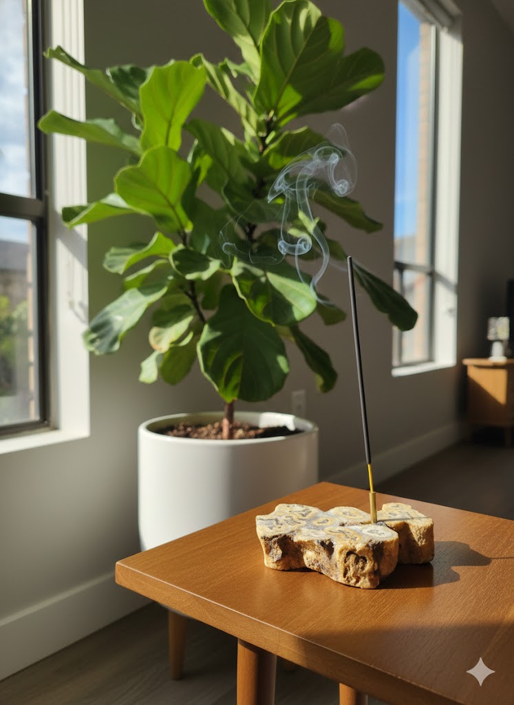 &nbsp; Pedra Natural Ágata Fatia com Suporte de Incenso em Cobre – Peça Única para Decoração, Aromaterapia e Energia – Base Orgânica em Corte Irregular - Harmonia Plena