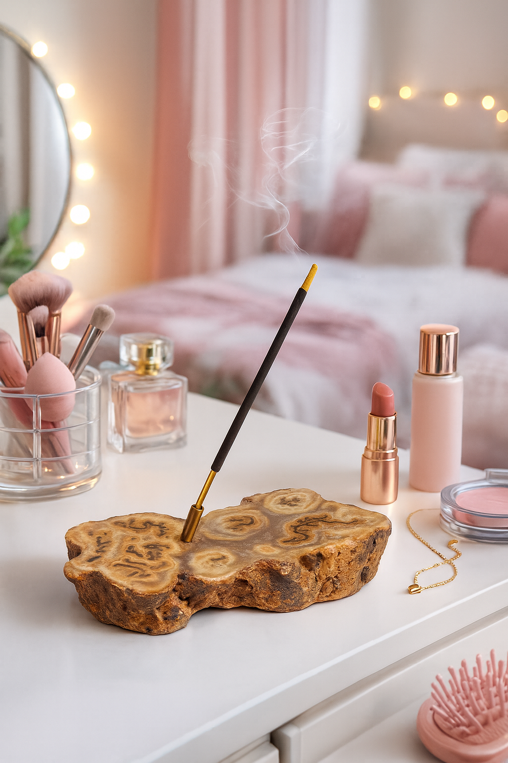 &nbsp; Pedra Natural Ágata Fatia com Suporte de Incenso em Cobre – Peça Única para Decoração, Aromaterapia e Energia – Base Orgânica em Corte Irregular - Harmonia Plena