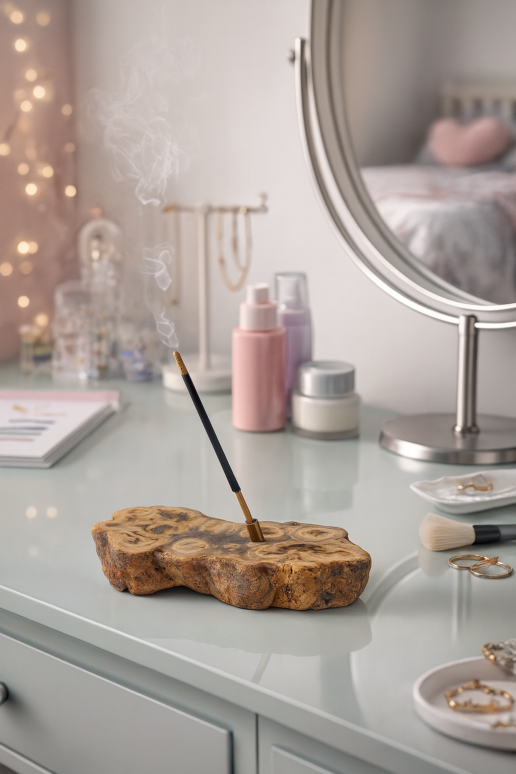 &nbsp; Pedra Natural Ágata Fatia com Suporte de Incenso em Cobre – Peça Única para Decoração, Aromaterapia e Energia – Base Orgânica em Corte Irregular - Harmonia Plena