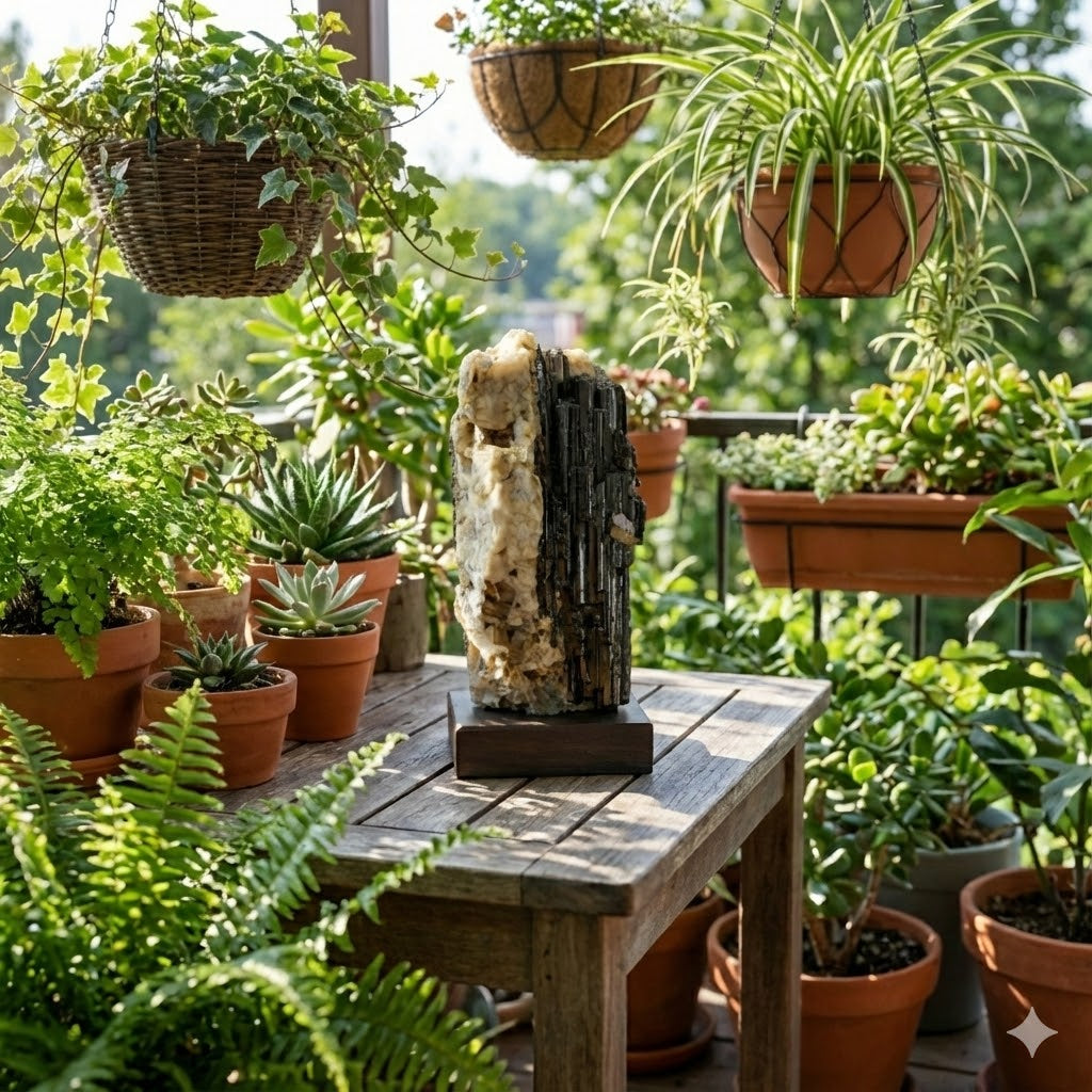 Turmalina Negra em Matriz de Quartzo 697g – Pedra Natural para Proteção, Limpeza Energética, Reiki e Feng Shui – Peça Única em Base de Madeira – Harmonia Plena