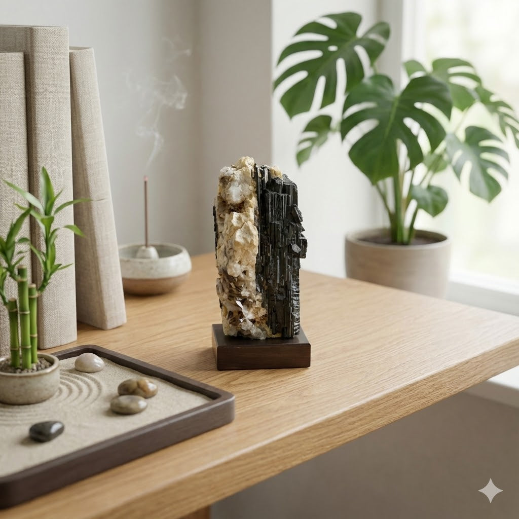 Turmalina Negra em Matriz de Quartzo 697g – Pedra Natural para Proteção, Limpeza Energética, Reiki e Feng Shui – Peça Única em Base de Madeira – Harmonia Plena