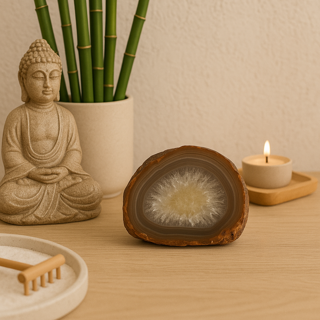 Placa de Ágata Marrom Natural com Cristalização Interna – Energia de Proteção e Equilíbrio -Harmonia Plena