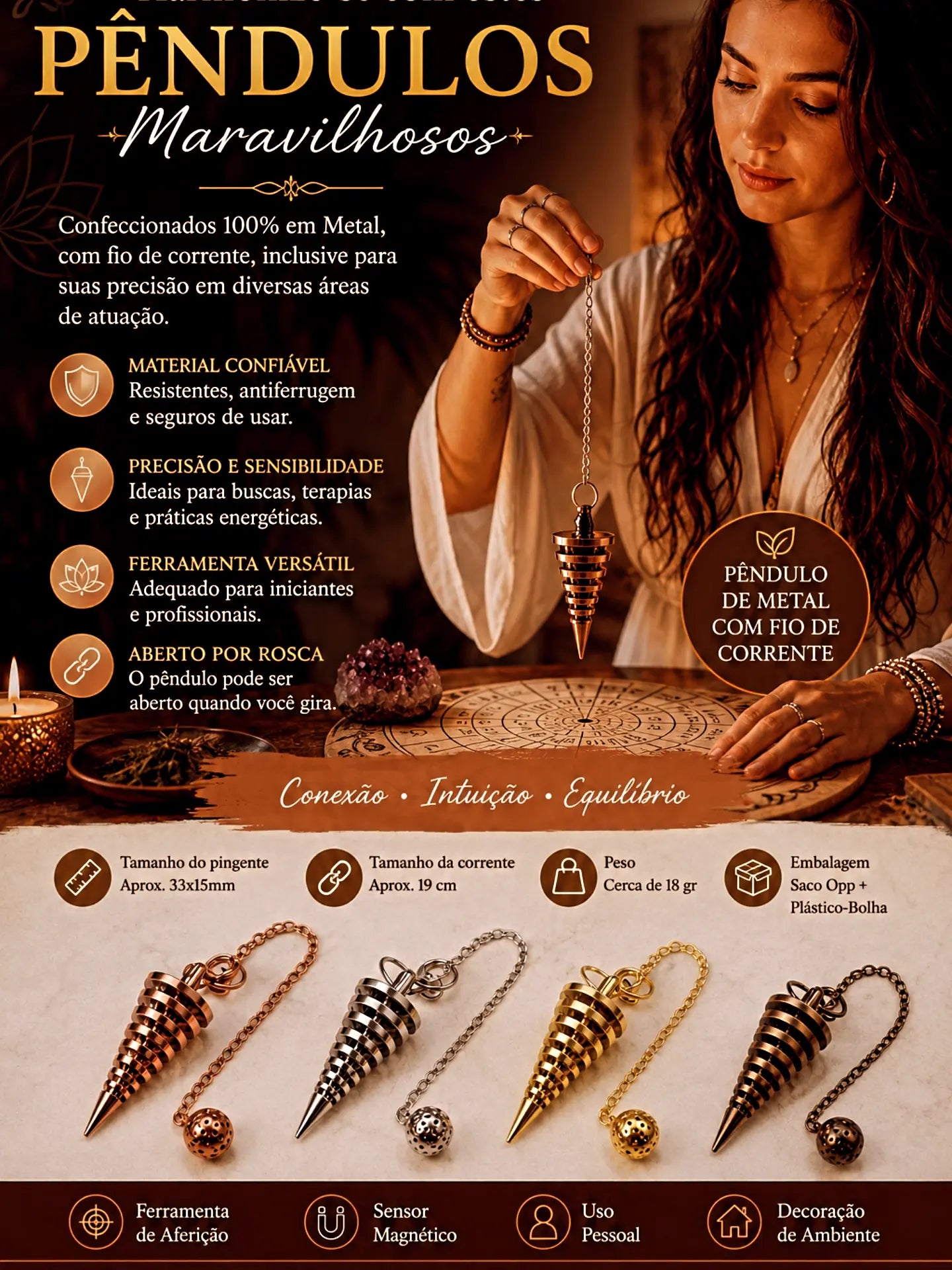 Pêndulo 100% Metal Lançadeira de Corrente Radiestesia - Harmonia Plena